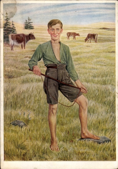 Künstler Ak Just, Oskar, Rinderhirte, Junge in Lederhose