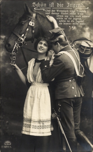 Ak Schön ist die Jugend, Und der Weinstock trägt Trauben, Soldat mit seiner Liebsten, Pferd