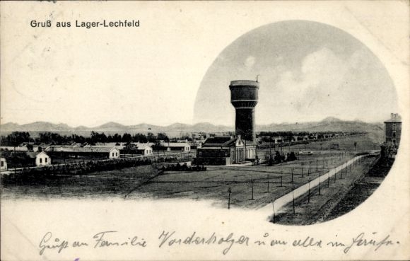 Ak Lagerlechfeld Graben Schwaben, Truppenübungsplatz Lager Lechfeld, Baracken-Lager, Wasserturm