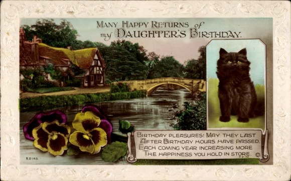 Präge Ak Glückwunsch Geburtstag, Katze, Stiefmütterchen, Haus, Fluss