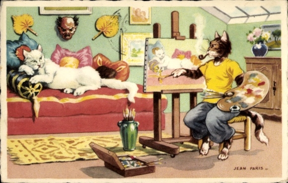 Künstler Ak Katzen, Maleratelier