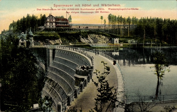 Ak Leśna Marklissa Schlesien, Sperrmauer mit Hotel und Wärterhaus