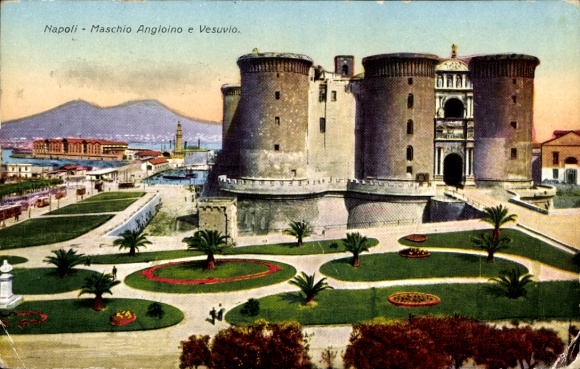 Ak Napoli Neapel Campania, Maschio Angioino, Vesuvio, Palmen, Blumenbeete, Napoli