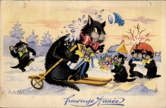 Künstler Ak Glückwunsch Neujahr, schwarze Katzen