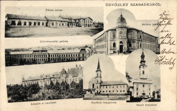 Ak Szabadka Subotica Serbien, Parlamentspalast, Bahnhof, Schule, Kirche