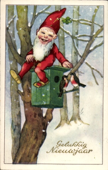 Ak Glückwunsch Neujahr, Zwerg, Vogelhäuschen