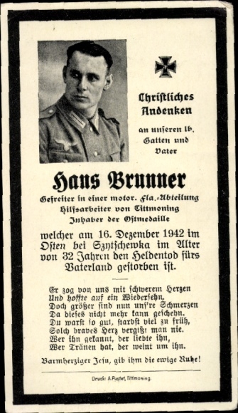 Sterbebild Hans Brunner, Tittmoning, Gefr. motor. Fla-Abt., Ostmedaille, gefallen 1942