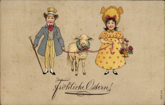 Präge Litho Frohe Ostern, Kinder mit Lamm