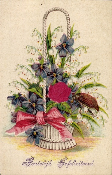 Präge Material Ak Glückwunsch, Blumenkorb, Maikäfer