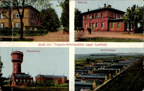 Ak Lagerlechfeld Graben Schwaben, Lager Lechfeld, Kommandatur, Bahnhof, Wasserturm, Barackenlager