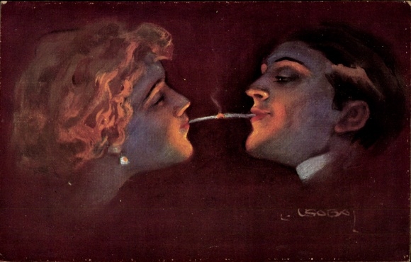 Künstler Ak Usabal, L., Mann und Frau halten ihre Zigaretten aneinander