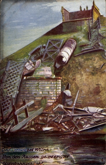 Künstler Ak Landworowo Litauen, Von den Russen gesprengter Eisenbahnviadukt, Zerstörung I. WK