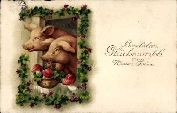 Ak Glückwunsch Neujahr, Schweine, Korb, Pilze, Glücksklee