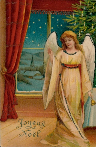 Glitzer Litho Frohe Weihnachten, Engel mit Glocke, Tannenbaum