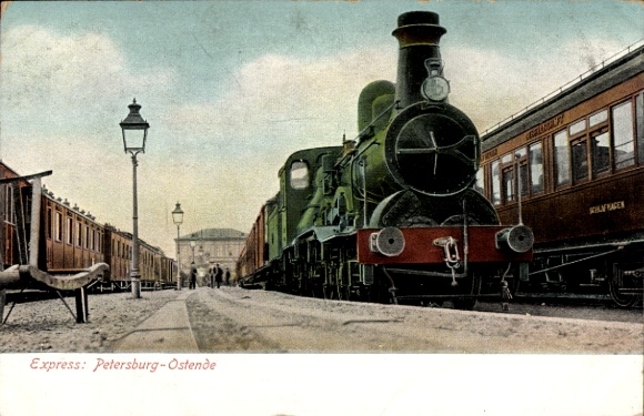 Ak Russische Eisenbahn, Expresszug Petersburg Ostende, Bahnhof, Dampflokomotive, Waggon