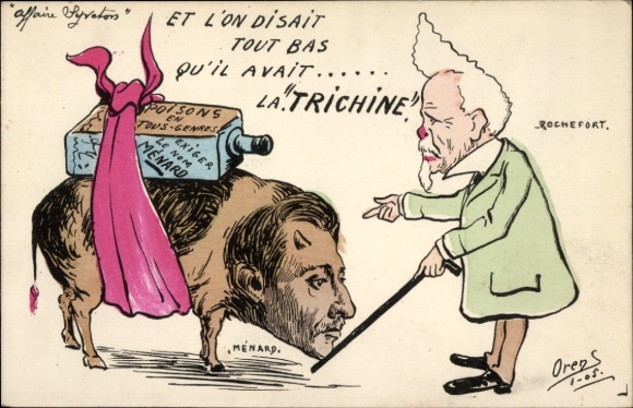 Künstler Ak Orens, Dreyfus Affäre, Schwein mit menschlichem Kopf, Menard, Rochefort, Flasche