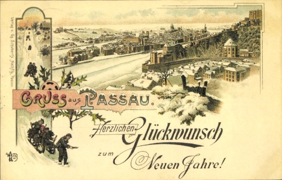 Winter Litho Passau in Niederbayern, Fröhliches Neujahr, Rodelbahn, Stadtpanorama