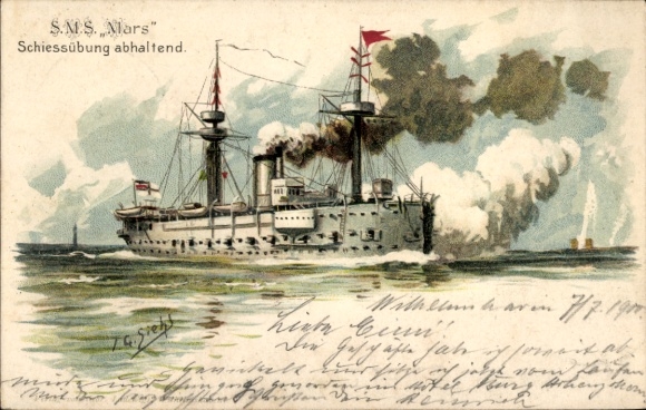 Künstler Litho Siehl, Deutsches Kriegsschiff, SMS Mars, Kreuzerkorvette, Schießübung