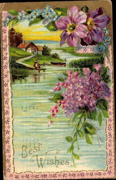 Litho Glückwunsch, Haus am Wasser, Flieder