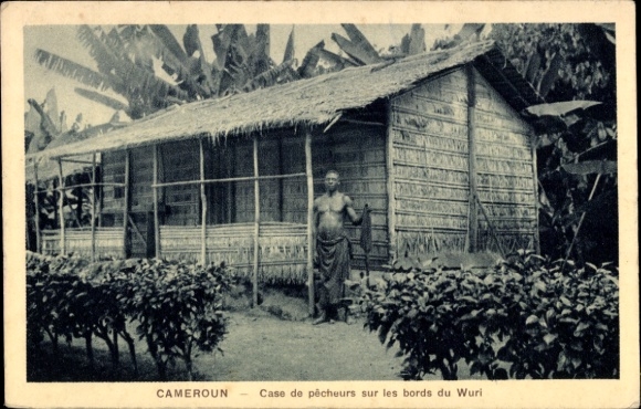 Ak Kamerun, Fischerhütte am Ufer des Wuri
