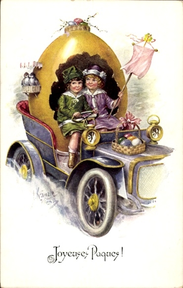 Künstler Ak Kränzle, Glückwunsch Ostern, Ostereier, Kinder, Oldtimer