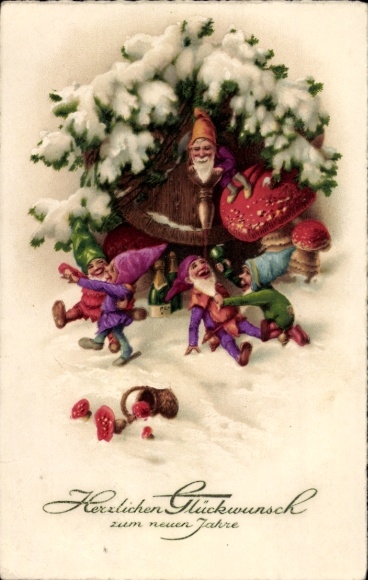 Ak Glückwunsch Neujahr, Zwerge, Fliegenpilze