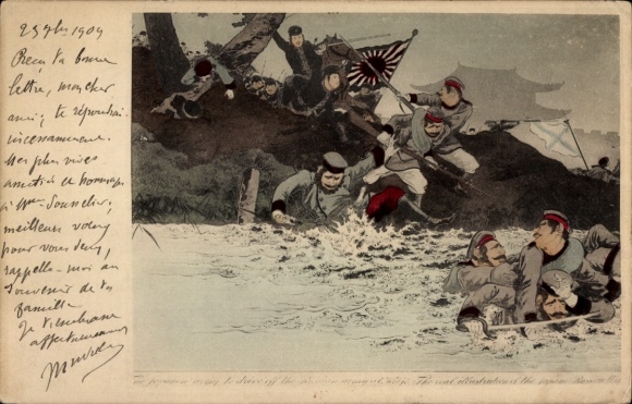 Künstler Ak Russisch-Japanischer Krieg, japanische Soldaten drängen russische Armee über einen Fluss