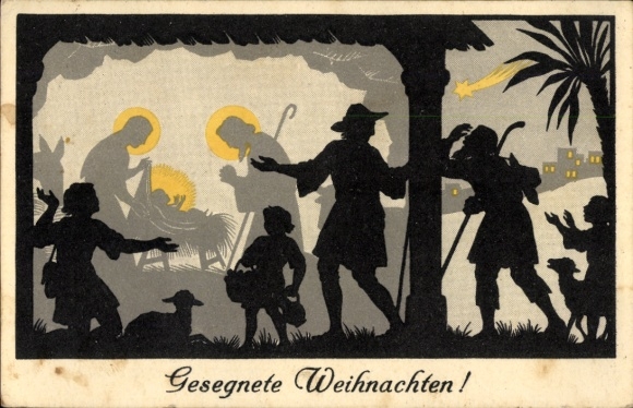 Scherenschnitt Ak Allmayer, Josefine, Glückwunsch Weihnachten, Krippe, Heilige Familie