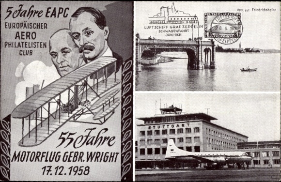 Ak Europäischer Aero Philatelisten Club, Flughafen Stuttgart, Friedrichshafen, Zeppelin Luftschiff