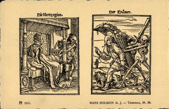 Künstler Ak Holbein, Hans d. J., Totentanz 35, 36, Hertzoginn, Krämer