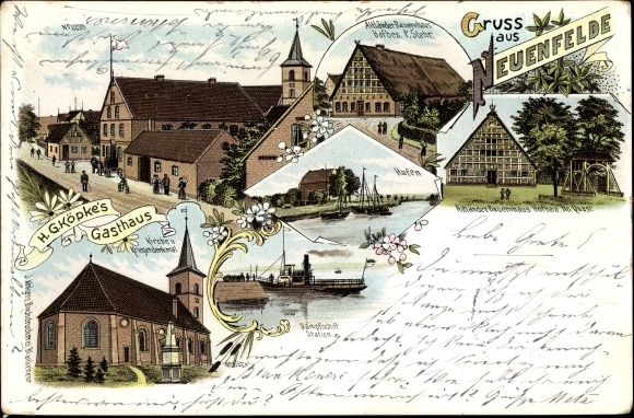 Litho Hamburg Harburg Neuenfelde, Bauernhaus Hofbesitzer P. Stehr, Kirche, Gasthaus
