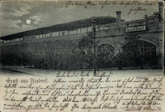 Mondschein Ak Berlin Neukölln Rixdorf, Bahnhof