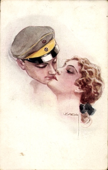 Künstler Ak Usabal, Luis, Küssendes Paar, Mann mit Mütze