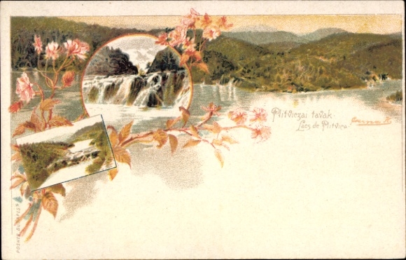 Ganzsachen Künstler Litho Plitvička Jezera Kroatien, Wasserfall, See