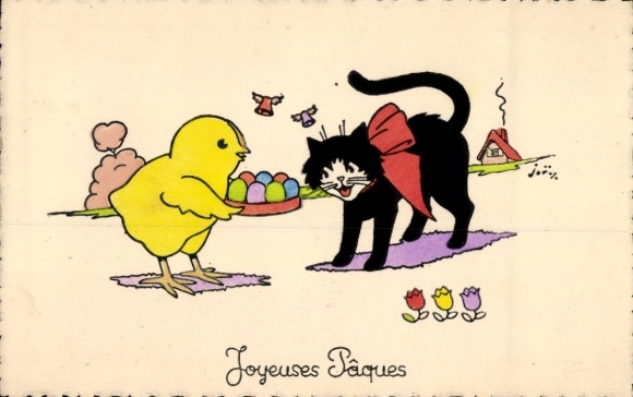 Künstler Ak Glückwunsch Ostern, Küken, schwarze Katze, Ostereier