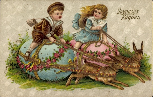 Glitzer Präge Ak Glückwunsch Ostern, Osterhasen, Ostereier, Kinder