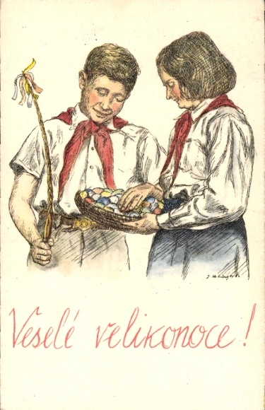 Künstler Ak Frohe Ostern, Tschechische Jungpioniere, Korb mit Ostereiern