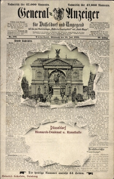 Zeitungs Ak Düsseldorf am Rhein, Bismarck-Denkmal, Kunsthalle, General-Anzeiger