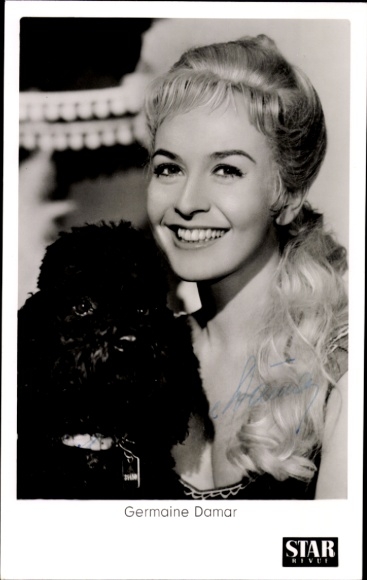 Ak Schauspielerin Germaine Damar, Portrait, Autogramm, Hund