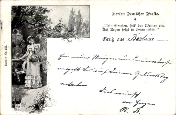 Ak Junge Frau steht an einem Brunnen, Perlen Deutscher Poesie