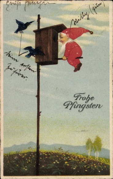 Ak Glückwunsch Pfingsten, Zwerg, Vogelhäuschen