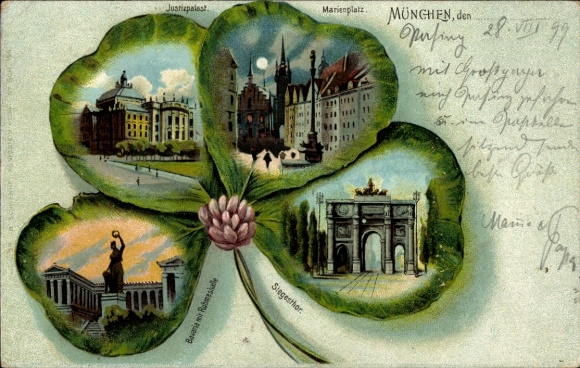 Kleeblatt Litho München, Justizpalast, Marienplatz, Siegestor, Bavaria, Ruhmeshalle