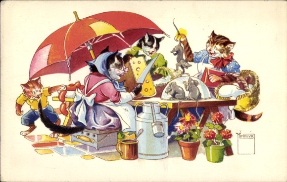 Künstler Ak Katzenfamilie beim Essen