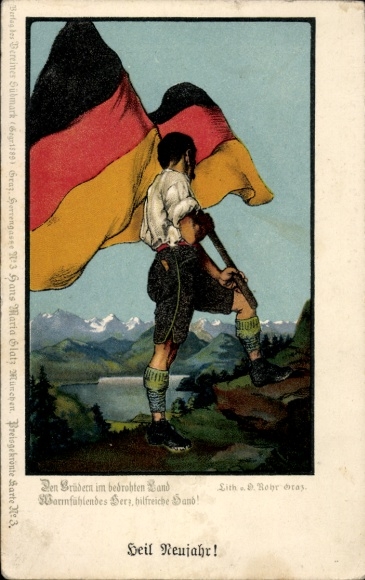 Künstler Litho Glückwunsch Neujahr, Mann mit Fahne, Patriotika