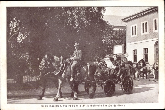 Ak Hildburghausen in Thüringen, Frau Rauschen, bewährte Mitarbeiterin der Dorfzeitung, Kutsche, Fest
