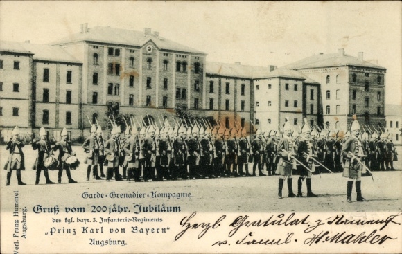 Ganzsachen Ak Augsburg, Garde Grenadier Kompagnie, 3. Inf. Reg. Prinz Karl von Bayern, Jubiläum