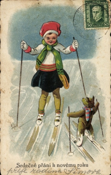 Litho Glückwunsch Neujahr, Mädchen auf Skiern, Teddy
