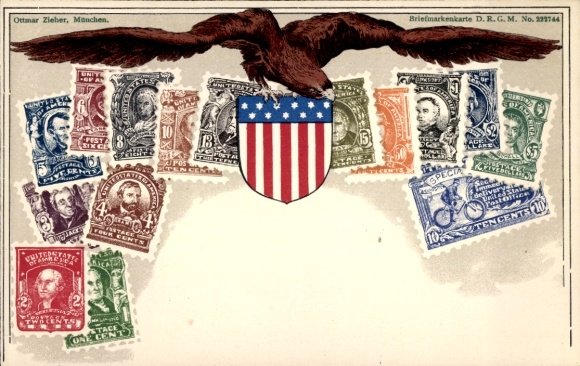 Briefmarken Wappen Ak USA, Amerikanische Fahne, Adler