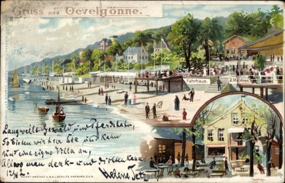 Litho Hamburg Altona Oevelgönne, Uferpartie, Fährhaus