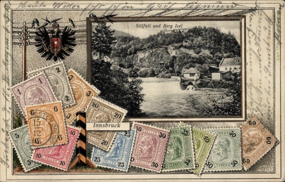 Präge Wappen Briefmarken Passepartout Ak Innsbruck in Tirol, Sillfall, Berg Isel